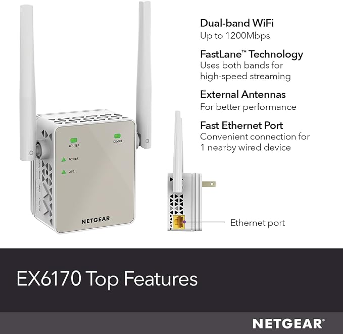 NETGEAR Dual-Band WiFi 5 Range Extender (EX6170) – Coverage up to 1,500 sq. ft., 25 Devices with AC1200 (up to 1200Mbps Speed) – Wireless Signal Repeater - Compact Wall Plug Design – White