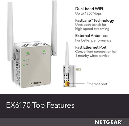 NETGEAR Dual-Band WiFi 5 Range Extender (EX6170) – Coverage up to 1,500 sq. ft., 25 Devices with AC1200 (up to 1200Mbps Speed) – Wireless Signal Repeater - Compact Wall Plug Design – White