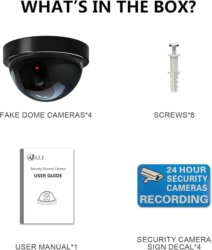 WALI Dummy Fake Security CCTV Dome Camera with Flashing Red LED Light with Security Alert Sticker Decals (SD-4), 4 Packs, Black