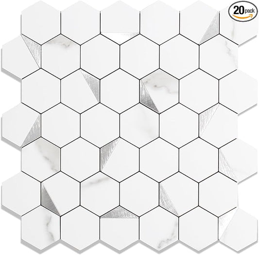 20-Sheet Hexagon Peel and Stick Backsplash Tile,12.2x11.54inches Marble White Mixed Silver Metal 3D PVC Wall Tiles Stick on Backsplash for Kitchen and Bathroom