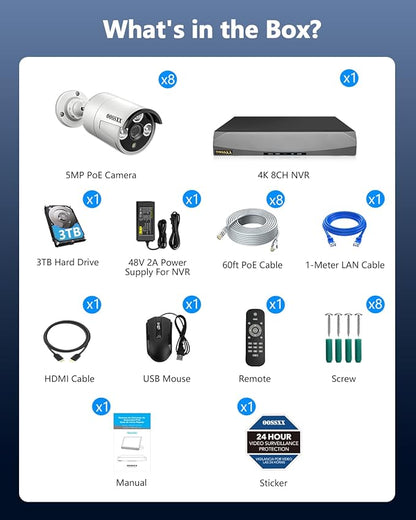 OOSSXX Ultra Wide-Angle 5MP Wired Outdoor PoE IP Cameras for Home Security Outdoor Camera System Video Surveillance