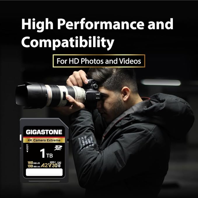 【5-Years Data Recovery】 GIGASTONE 1TB SD Card, 4K Camera Extreme, A2 V30 U3 C10 SDXC Memory Card High Speed, Compatible with Canon Kodak Olympus Digital Camera