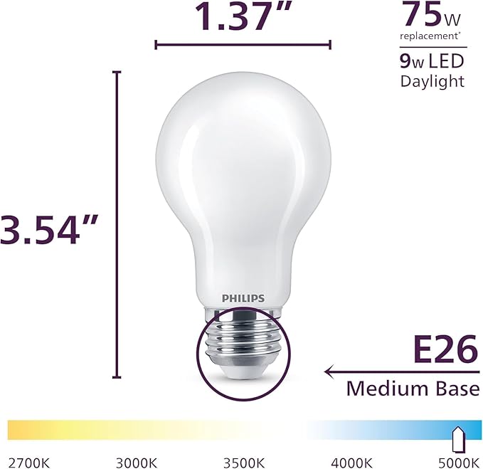 Philips LED 100W A19 4-Pack Ultra Definition Daylight (5000K) 1500 Lumen (11.5W = 100W) Dimmable Frosted Flicker-Free Light Bulbs