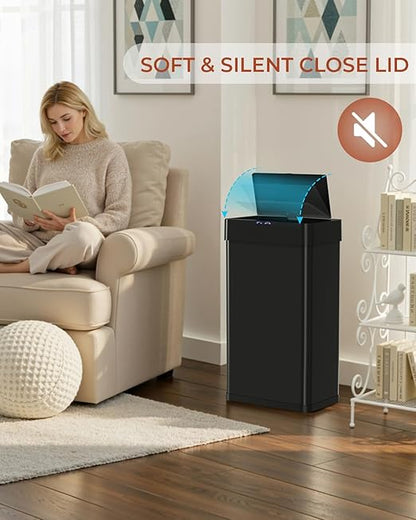 TLSUNNY 18.5 Gallon Motion Sensor Trash Can,Touchless Automatic Garbage Can,Brushed Stainless Steel Smart Bin,with Bag Holder,Soft Close Lid,for Kitchen,Office,RV,Bedroom,Living Room (Black, 70L)