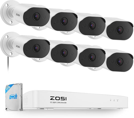 ZOSI 8CH Home Security Camera System with Audio, Person Vehicle Detection, Night Vision, 8pcs 1080P Outdoor Indoor Cameras, 8 Channel H.265+ Surveillance CCTV DVR with 1TB HDD for 24/7 Recording