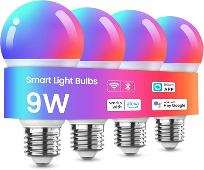 Meliya LED Smart Light Bulbs, Color Changing Dimmable & Timing Smart WiFi and Bluetooth Bulb, Compatible with Alexa and Google Assistant, RGBWW A19, 9W 800 Lumens, Music Sync, Voice Control (4 Pack)