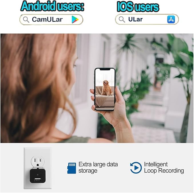 ULar Plug-in Indoor Camera, 4K UHD WiFi Small Cam, 16GB SD Card Included Wall Outlet Powered, Remote APP View & Motion Detection for Pets -No Audio