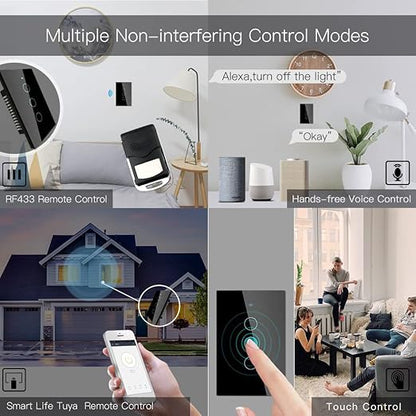 MOES Touch Wall Single Live Wire Smart Switch，No Neutral Wire Needed, 2.4GHz WiFi RF433 Light Switch Works with Smart Life/Tuya App, Alexa and Google Home, Single Pole 110V, Black 3 Gang