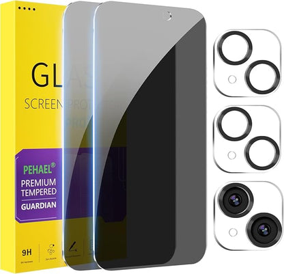 PEHAEL 2+2 Pack for iPhone 15 Privacy Screen Protector with Camera Lens Protector Full Coverage Anti-Spy Tempered Glass Film 9H Hardness Easy Installation Bubble Free [6.1 inch]