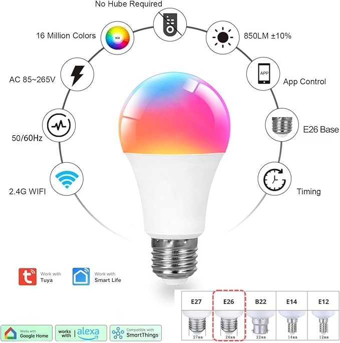 A19 Smart Light Bulb, 9W 900LM RGB+CCT LED Bulb - 16 Million Vibrant DIY Colors, Music Sync via Tuya, Works with Alexa & Google Assistant - 2.4GHz No Hub Required for Home Decor(1Pack)
