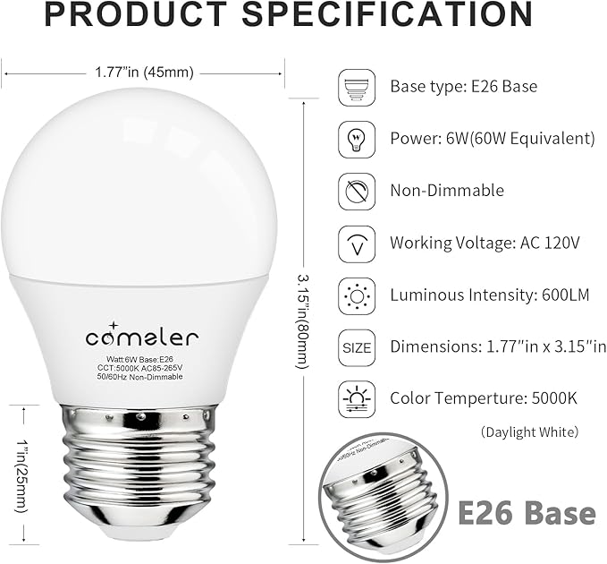 comzler 12 Pack E26 LED Light Bulb, 5000K Daylight 6 Watt 60W Equivalent Small Light Bulbs, A15 Shape Medium Screw Base for Ceiling Fan, CRI 85+, 400Lumen, Non-Dimmable, Home Lighting Decorative