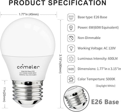 comzler 12 Pack E26 LED Light Bulb, 5000K Daylight 6 Watt 60W Equivalent Small Light Bulbs, A15 Shape Medium Screw Base for Ceiling Fan, CRI 85+, 400Lumen, Non-Dimmable, Home Lighting Decorative