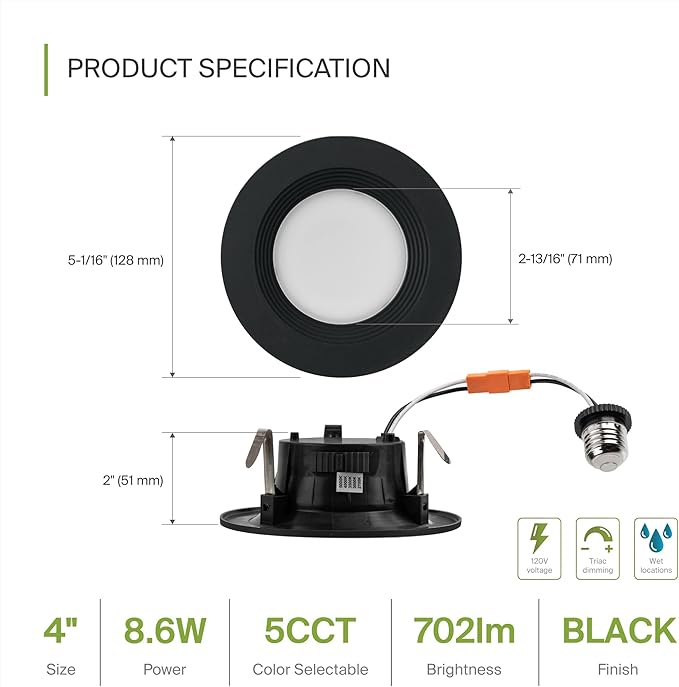 ASD 6 Pack Black 4 Inch Retrofit LED Recessed Light - 9W 2700K-5000K 700LM Retrofit LED Recessed Lighting 4 Inch, Dimmable Black Recessed Lights, Wet Rated Baffle Trim Can Lights, UL