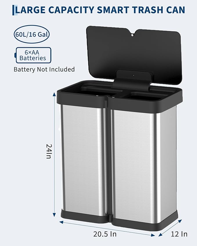 30L+30L Dual Compartment Motion Sensor Trash Can, 16Gal Automatic Kitchen Recycling Bin with Soft-Close Lid & Fingerproof Stainless Steel (Silver)