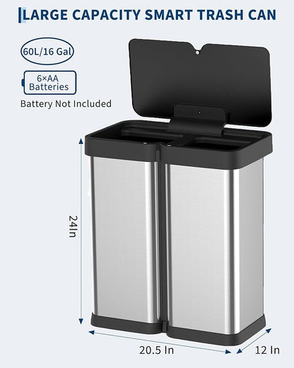 30L+30L Dual Compartment Motion Sensor Trash Can, 16Gal Automatic Kitchen Recycling Bin with Soft-Close Lid & Fingerproof Stainless Steel (Silver)