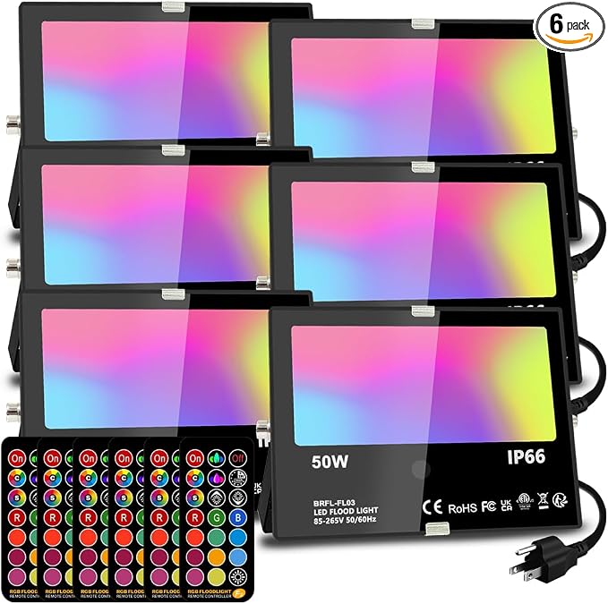 MELPO Led Flood Light Outdoor, 50W RGB Color Changing Landscape Lighting | Remote Control, Timing - 12 Colors - 4 Modes, IP66 Waterproof, US 3-Plug, MELPO (Pack of 6)