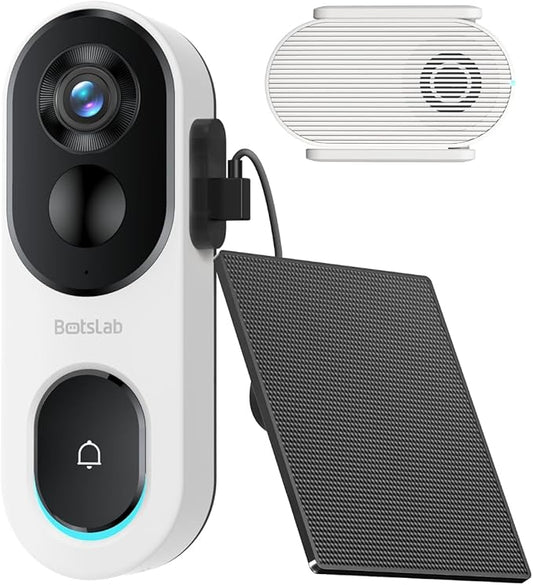BOTSLAB 2K Doorbell Camera Wireless with Solar Panel, Nonstop Power Video Doorbell with Head-to-Toe View, No Monthly Fee, 2-Way Audio, Human Detection, 5200mAh Battery, 2.4Ghz WiFi