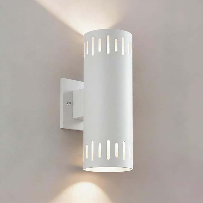 Modern Outdoor Wall Lights, 12'' Up and Down LED Cylinder Wall Mount Fixture, 23W 3000K Warm White IP65Waterproof Exterior Wall Sconces for Porch, House, Garage, Patio, White