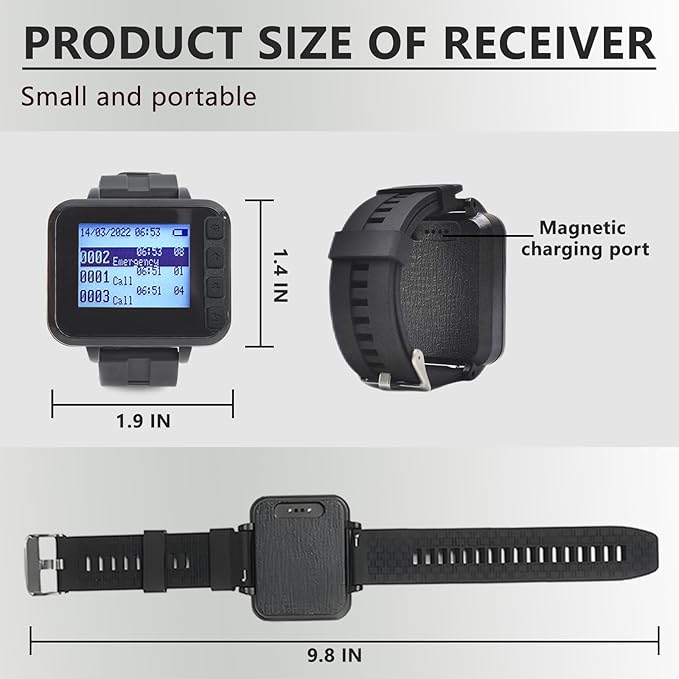 Wireless Caregiver Call Button Watch for Elderly at Home | Waterproof Wrist Wear Alert Button for Seniors | Long Range Emergency Wrist Alarm with Loud Sound for Family Nurse