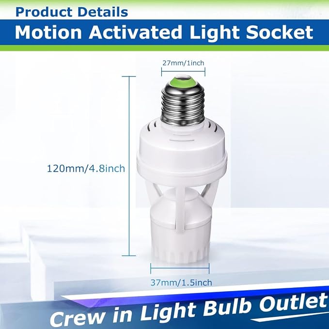 PIR Motion Sensor Light Socket Smart Screw in Light Bulb Outlet Compatible with E26/E27 Motion Activated Bulb Holder Adapter Automatic Control for Garage Storage Room
