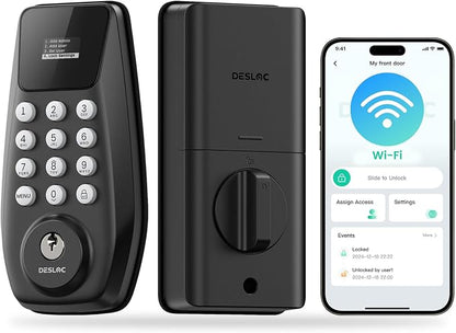 DESLOC C100 Plus Smart Lock with keypad, Built-in WiFi, Visual Display | Keyless Entry Deadbolt with App Control, 100 PIN Codes, IP54 Waterproof, For home & Rental Use, BHMA Grade 3, Black