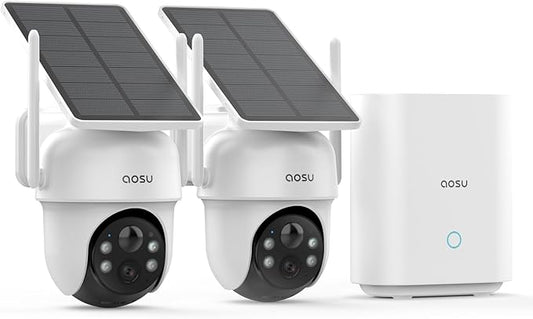 aosu Security Cameras Outdoor Wireless, 2 Cam-Kit, No Subscription Required, Solar-Powered, Home Security Cameras System with 360° Pan & Tilt, Auto Tracking, 2K Color Night Vision, Easy Setup