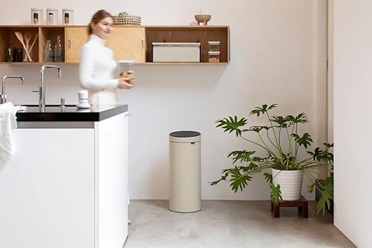 Brabantia Press-Top Kitchen Trash Can | Soft Beige | 8 Gallon / 30L | Home Trash Can with Soft-Touch Stay-Open Lid & Removable Inner Bucket | + Trash Bags