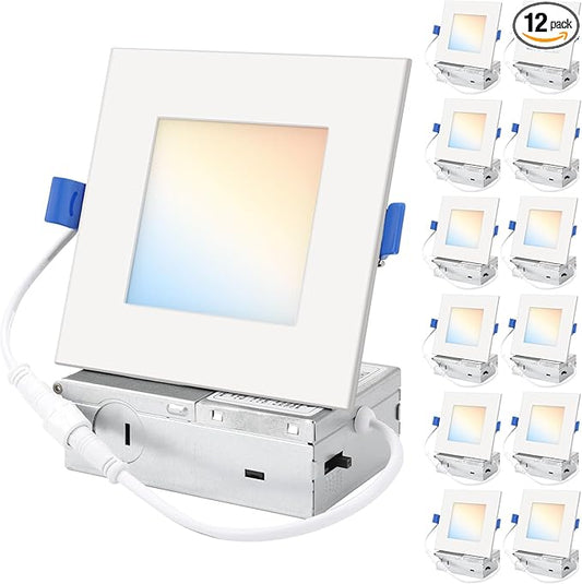 HONZIN 12 Pack 6 Inch Square LED Recessed Lighting, 5CCT Ultra-Thin LED Ceiling Lights, 2700K/3000K/3500K/4000K/5000K Selectable, 13W, IC Rated, Dimmable White Square Trim with Junction Box