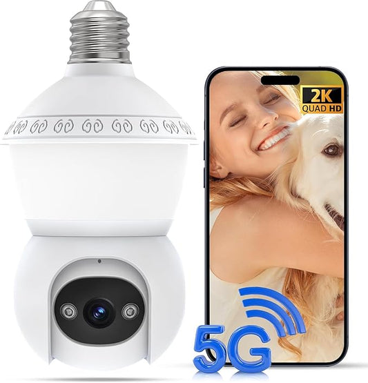 Smart Light Bulb Security Camera,5G&2.4G Security Cameras Wireless Outdoor,2K Light Bulb Camera, 360° Camera for Home Security,AI Detection,Smart Night Vision, Two-Way Audio (White 1 Pack)