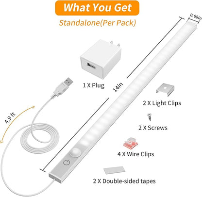 14" Slim USB Plug-in LED Motion Sensor Light Indoor, Bright & Dimmable Under Cabinet Light - 3 Modes (ON/Night/Day) for Kitchen, Cabinet, Closet - 6000K Cool White, 2 Pack (Standalone)