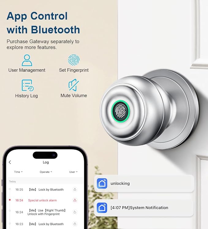 KLLOQUE Fingerprint Door Lock, Smart Fingerprint Door Knob with Lock, Biometric Door Locks with App Control & Key, Keyless Thumbprint Entry Door Locks for Bedroom, Front Door, Home, Apartment-Silver