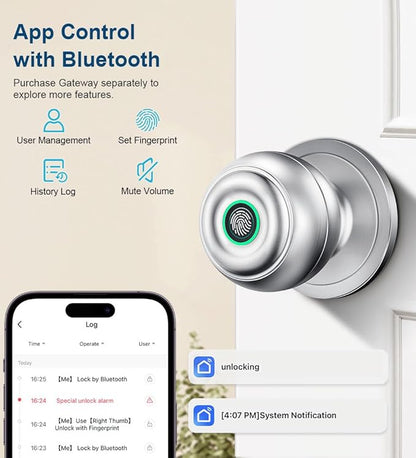 KLLOQUE Fingerprint Door Lock, Smart Fingerprint Door Knob with Lock, Biometric Door Locks with App Control & Key, Keyless Thumbprint Entry Door Locks for Bedroom, Front Door, Home, Apartment-Silver