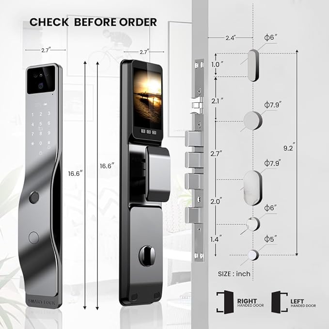Smart Door Lock with Camera, 3D Face Recognition, Biometric Palm Vein Keyless Entry Deadbolt, Video Doorbell Intercom, Fingerprint, Passcode, Card, Touchscreen Keypad, Tuya App, Alexa, Front Door Home