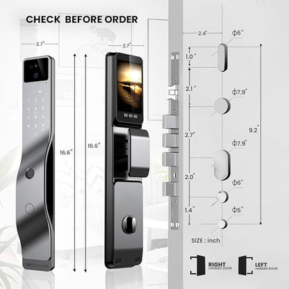 Smart Door Lock with Camera, 3D Face Recognition, Biometric Palm Vein Keyless Entry Deadbolt, Video Doorbell Intercom, Fingerprint, Passcode, Card, Touchscreen Keypad, Tuya App, Alexa, Front Door Home