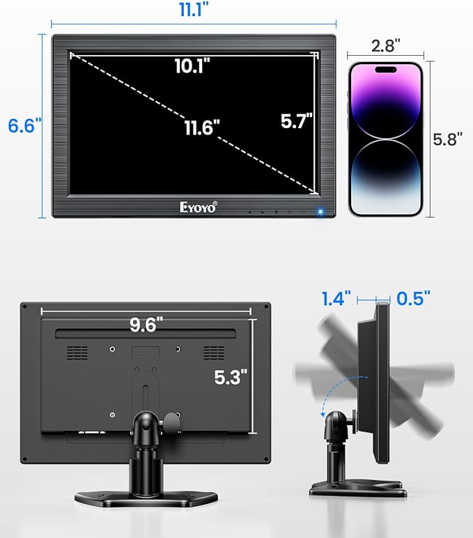 Eyoyo 12" Inch TFT LCD Monitor with AV HDMI BNC VGA Input 1366x768 Portable Mini HD Color Screen Display with Built-in Speaker