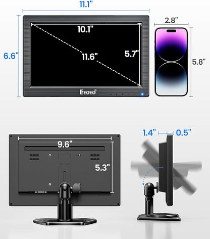 Eyoyo 12" Inch TFT LCD Monitor with AV HDMI BNC VGA Input 1366x768 Portable Mini HD Color Screen Display with Built-in Speaker