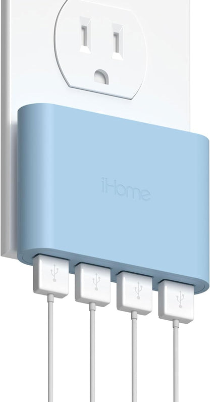 iHome Slim 4-Port USB Wall Charger, Flat Multiport Travel Plug Adapter | Foldable Prongs, 2.4A Rapid Charge Port, Charges iPhone, Android, iPad, AirPods, Travel-Friendly, Charging Block for Home Use