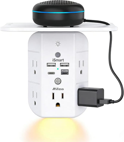 PD20W Wall Outlet Extender with Shelf & Night Light – 5 AC Outlets, 2 USB-A, 2 USB-C, 3-Sided Wide-Space Design, Surge Protector, Multi-Plug Outlet Splitter – Ideal for Home Office, College Dorm, RV