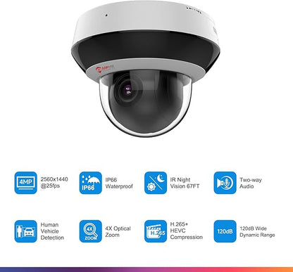 Anpviz 4MP PoE PTZ IP Camera, 4X Optical Zoom, Perimeter Protection, Human Vehicle Detection, 4MP@30fps, Dome Wired Security Camera with Audio, 350° Pan 90° Tilt, Card Slot, WDR, PTZIP204WX4IR-SU