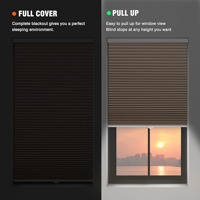 Changshade Cordless Blackout Cellular Shades for Indoor Windows, Custom Size Black Out Honeycomb Blinds Room Darkening Thermal Insulated 1.5" Cell Easy Install for Bedroom, Bathroom, Nursey, Brown