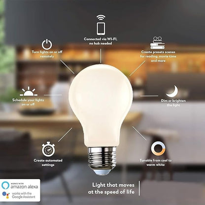 Diodesy- A19 LED Smart WiFi Light Bulbs Works with Alexa and Google Home No Hub Required Tunable Milky White Color 2200K-6500K 5.5W (40W Equivalent) 500 Lumens E26 Medium Base Wet Rated Pack of 4