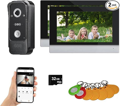 ANJIELO SMART Wired Video Intercom System Tuya WiFi 7 Inch Touch Screen 1080P Doorbell Intelligent Tuya APP Intercom Kit with 3 in 1 Unlock Motion Detection,Anti-Tamper Alarm,32G (1 Bell+2 Monitor)