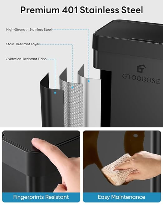 13 Gallon / 50L Touchless Automatic Trash Can, Slim Motion Sensor Kitchen Garbage Can, Stainless Steel, Soft Close Lid, Fingerprint Resistant, Hands-Free, Odor Control, Black