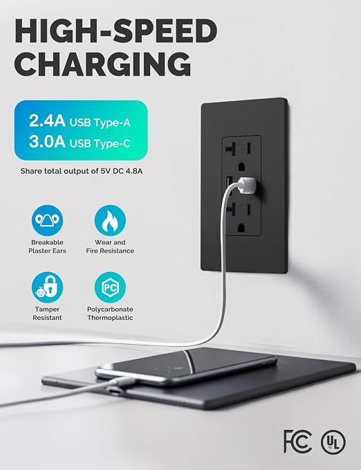 MOES USB Wall Outlet 20 Amp, USB-C and USB-A 24W Charging, Black, 6 Pack