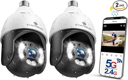 SYMYNELEC 5GHz/2.4GHz Light Bulb Security Camera Outdoor Waterproof 2.5K, 5G Dual Band WiFi Light Socket Security Camera with AI Human Motion Detection Tracking 4MP Color Night Vision Alexa (2 PCS)
