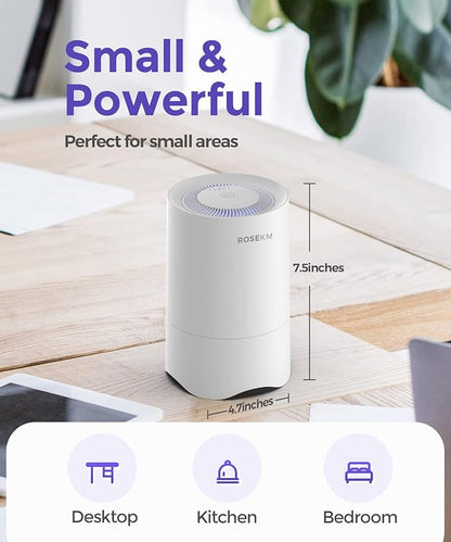 Rosekm Small Air Purifier with 1-Year Pack Replacement Filter, Personal Desk Mini HEPA Air Purifier, Room Air Freshener Cleaner for Pets, Smoke, Desktop, Office (White)