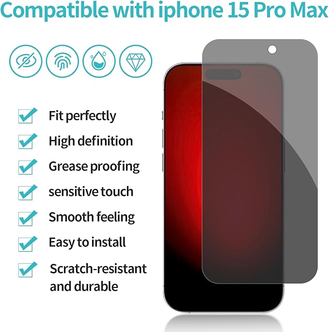 PEHAEL 2+2 Pack for iPhone 15 Pro Max Privacy Screen Protector with Camera Lens Protector Full Coverage Anti-Spy Tempered Glass Film 9H Hardness Easy Installation Bubble Free [6.7 inch]