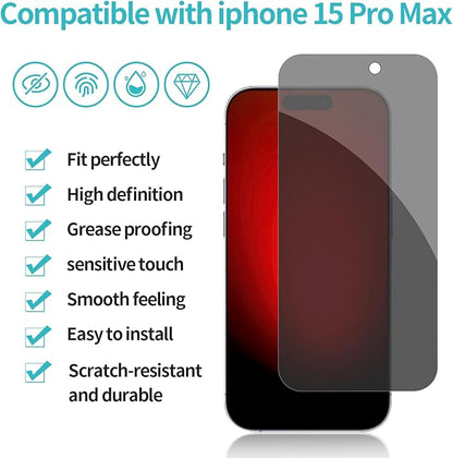 PEHAEL 2+2 Pack for iPhone 15 Pro Max Privacy Screen Protector with Camera Lens Protector Full Coverage Anti-Spy Tempered Glass Film 9H Hardness Easy Installation Bubble Free [6.7 inch]