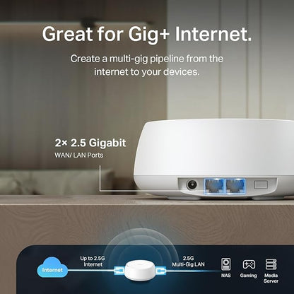 TP-Link Deco 7 BE25 Dual-Band BE5000 WiFi 7 Mesh Wi-Fi System | 4-Stream 5 Gbps, 240 Mhz | Covers up to 6,600 Sq.Ft | 2X 2.5G Ports Wired Backhaul | VPN,MLO, AI-Roaming, HomeShield, 3-Pack