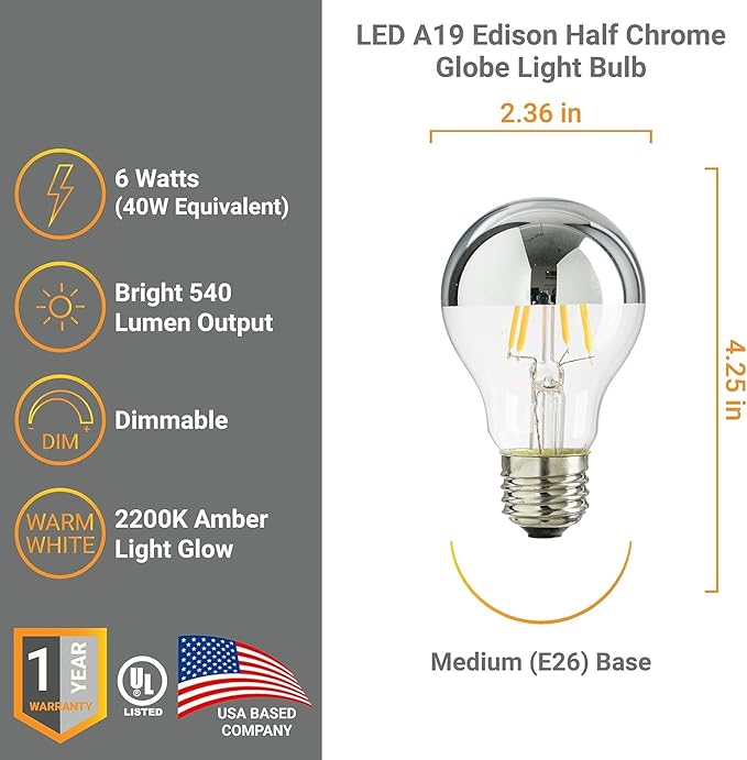 Diodesy- Half Chrome Dimmable LED Light Bulb A19 Round Shape 6W (40W Equivalent) E26 Base 2200K Amber Light 540LM Silver Bowl Edison Chrome Tipped Reflected Glass for Bathroom Vanity Mirror Pack of 6